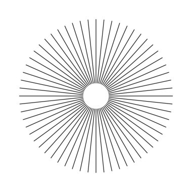 Radyal çember çizgileri. Dairesel çizgiler elemanı. Güneş ışınlarının ana hatları. Soyut geometrik yanılsama şekli. Radyasyon saçan çizgili konuşmalar. Düz tasarım elemanı. Vektör grafik illüstrasyonu.