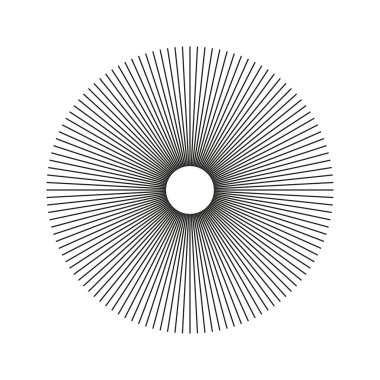 Radyal çember çizgileri. Geometrik soyut element. Işık saçan şeritler yayıyor. Tasarım elemanı. Dairesel basit ışınlama çizgileri. Güneş ışınları ikonu. İllüzyon şekli. Vektör grafik illüstrasyonu.