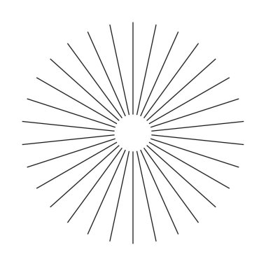 Radyal çember çizgileri. Soyut illüzyon geometrik şekli. Dairesel çizgiler elemanı. Güneş ışınlarının sembolü. Düz tasarım simgesi. Radyasyon saçan çizgili konuşmalar. Vektör grafik şablonu.