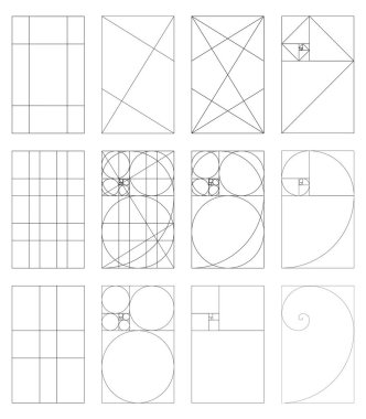 Altın oran simgesi ayarlandı. Yöntem altın bölüm. Fibonacci dizisi, sayılar. Uyum oranları. Vektör şablonu. 