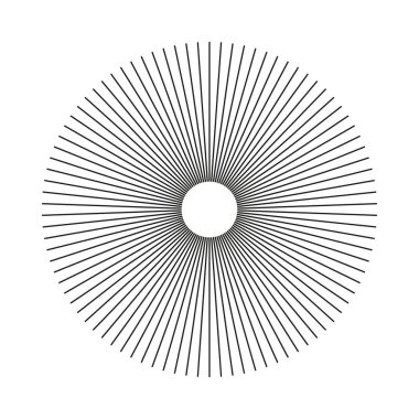 Dairesel çizgiler. Geometrik soyut nesne. Yıldız patlaması şekli. Güneş ışığı sembolü. Radikal, birleşik çizgiler. Işınlar, ışınlar element.Vektör şablonu beyaz arkaplanda izole edildi.