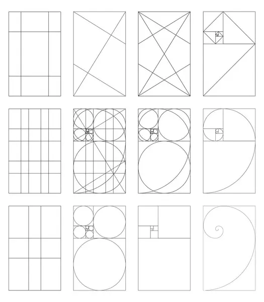 Altın oran simgesi ayarlandı. Yöntem altın bölüm. Fibonacci dizisi, sayılar. Uyum oranları. Vektör şablonu. 