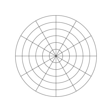 Hayatın tüm alanlarını görselleştirmek için basit bir eğitim aracı. 12 segmentten oluşan kutup şebekesi ve 5 eşmerkezli daire. Yaşam tarzı dengesinin çember diyagramı. Yaşam şablonu. Vektör boş kutup grafik kağıdı.