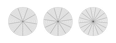 Yaşam şablonları. Yaşam tarzı dengesinin çember diyagramları. Hayatın tüm alanlarını görselleştirmek için bir eğitim aracı. Kutup şebekesi segmentlerle, eşmerkezli dairelerle. Kutup grafik kağıdı boş. Vektör simgeleri.