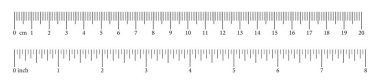 20 santimetre ve 20 inçlik ölçüm tabloları. Sayılı şablon cetvelleri kümesi. Uzunluk ölçümü, matematik, mesafe, boy. Dikiş aleti. Vektör düz resimleme. 