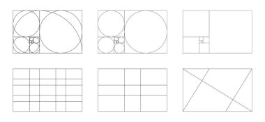 Altın oran şablonu ayarlandı. Yöntem altın bölüm. Fibonacci dizisi, sayılar. Uyum oranı koleksiyonu. Vektör özet çizimi.