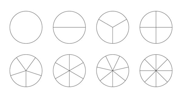 Набор карт пиццы. Сегментированные графики. Шаблоны диаграмм. Секторы делят круги на равные части. Контур черной тонкой графики. Инфографика сегментов. Части колеса схемы. Векторная иллюстрация.