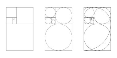Altın oran şablonu ayarlandı. Yöntem altın bölüm. Fibonacci dizisi, sayılar. Taslak vektör çizimi. Uyum oranları.