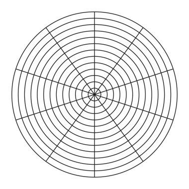 Yaşam şablonu. Hayatın tüm alanlarını görselleştirmek için basit bir eğitim aracı. 10 segmentten oluşan kutup ızgarası ve 12 eşmerkezli daire. Boş kutup grafik kağıdı. Yaşam tarzı dengesinin çember diyagramı.