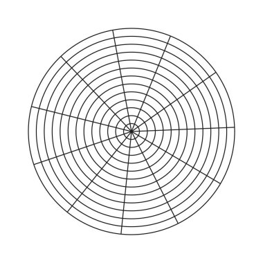 Yaşam şablonu. Hayatın tüm alanlarını görselleştirmek için basit bir eğitim aracı. Boş kutup grafik kağıdı. 13 segmentten oluşan kutup şebekesi ve 12 eşmerkezli daire. Yaşam tarzı dengesinin çember diyagramı.