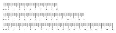 Ölçüm tabloları 10,15, 20 santimetre. Matematik, mesafe, boy, dikiş aletleri. Sayılı şablon cetvelleri kümesi.