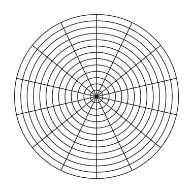 Yaşam şablonu. 14 segmentten oluşan kutup şebekesi ve 12 eşmerkezli daire. Yaşam tarzı dengesinin çember diyagramı. Koçluk aleti. Boş kutup grafik kağıdı. Vektör illüstrasyonu.