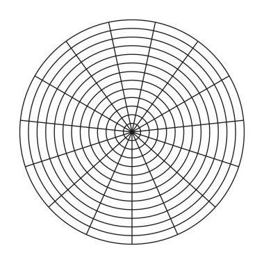 15 segmentten oluşan kutup şebekesi ve 12 eşmerkezli daire. Yaşam şablonu. Yaşam tarzı dengesinin çember diyagramı. Boş kutup grafik kağıdı. Koçluk aleti. Vektör illüstrasyonu.