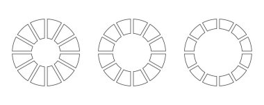 Tekerlekler on iki bölüme ayrılmıştır. Diyagram bilgi seti. Grafik çizelgesini çember yapın. Pasta çizelgesi simgeleri. 12 eşit parçaya ayrılmış ana hatlı çörek grafikleri ya da turtalar. Koçluk hayatı boş.