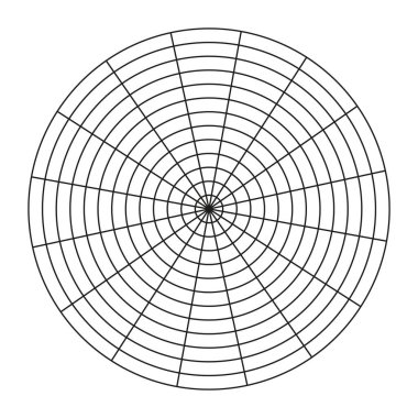 16 segmentten oluşan kutup şebekesi ve 12 eşmerkezli daire. Yaşam tarzı dengesinin çember diyagramı. Yaşam şablonu. Boş kutup grafik kağıdı. Koçluk aleti. Vektör basit illüstrasyon.