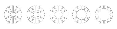 Tekerlekler on iki bölüme ayrılmıştır. Diyagram bilgi seti. Grafik çizelgesini çember yapın. Pasta çizelgesi simgeleri. 12 eşit parçaya ayrılmış ana hatlı çörek grafikleri ya da turtalar. Geometrik öge.