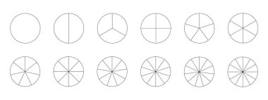 Segmentli çizelge koleksiyonu beyaz bir arkaplanda izole edildi. Birçok sektör çemberi eşit parçalara böler. Siyah ince grafikler. Pasta grafikleri.