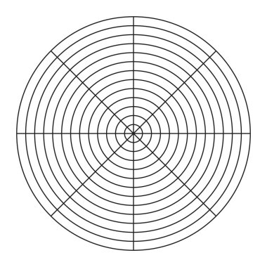 8 segmentten oluşan kutup ızgarası ve 12 eşmerkezli daire. Yaşam tarzı dengesinin çember diyagramı. Yaşam şablonu. Vektör boş kutup grafik kağıdı. Koçluk aracı.