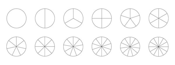 Сбор сегрегационных графиков на белом фоне. Множество секторов делят круг на равные части. Контур черной тонкой графики. Набор круговых диаграмм.