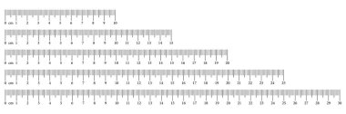 Koleksiyon çizelgeleri 10,15, 20, 25, 30 santimetre. Matematik, mesafe, boy, dikiş aletleri. Vektör çizimi. Sayılı şablon cetvelleri kümesi. 