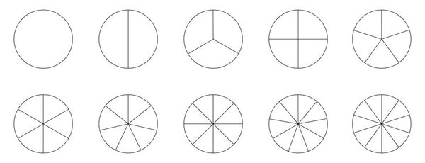 Значок сегмента ломтик. Шаблон диаграммы. График сечения круга. 1,2,3,4,5,6,7,8,9,10 сегментов инфографики. Части колеса схемы. Геометрический элемент.