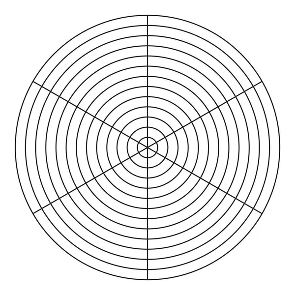 Stock vector Polar grid of 6 segments and 12 concentric circles. Wheel of life template. Circle diagram of lifestyle balance. Coaching tool. Blank polar graph paper vector.