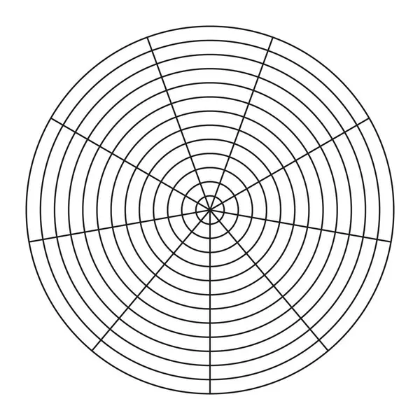 9 segmentten oluşan kutup şebekesi ve 12 eşmerkezli daire. Yaşam şablonu. Yaşam tarzı dengesinin çember diyagramı. Koçluk aleti. Vektör boş kutup grafik kağıdı.