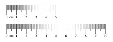 Ölçüm tabloları 5-10 santimetre. Bir dizi eps şablon cetvelleri sayılarla ölçeklendirilir. Matematik, mesafe, boy, dikiş aletleri. Vektör illüstrasyonu.