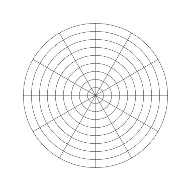 Yaşam şablonu. 12 segmentten oluşan kutup ızgarası ve 8 eşmerkezli daire. Hayatın tüm alanlarını görselleştirmek için bir eğitim aracı. Boş kutup grafik kağıdı. Yaşam tarzı dengesinin çember diyagramı. Vektör simgesi.