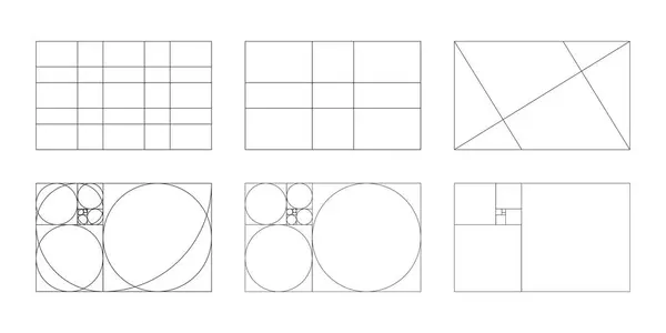 Altın oran şablonu ayarlandı. Yöntem altın bölüm şebekeleri. Fibonacci dizisi, sayı simgeleri. Uyum oranları çerçeveleri. Vektör grafik illüstrasyonu.