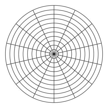 14 segmentten oluşan kutup şebekesi ve 10 eşmerkezli daire. Koçluk aleti. Yaşam şablonu. Yaşam tarzı dengesinin çember diyagramı. Vektör boş kutup grafik kağıdı.