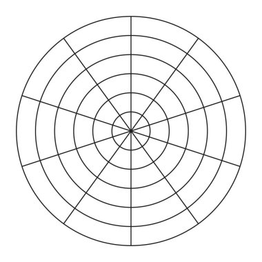 Koçluk aleti. 10 segmentten oluşan kutup ızgarası ve 5 eşmerkezli daire. Yaşam tarzı dengesinin çember diyagramı. Yaşam şablonu. Vektör boş kutup grafik kağıdı. Boşluk.