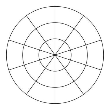 10 segmentten oluşan kutup ızgarası ve 2 eşmerkezli daire. Koçluk aleti. Yaşam şablonu. Yaşam tarzı dengesinin çember diyagramı. Vektör boş kutup grafik kağıdı. 