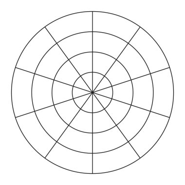 10 segmentten oluşan kutup ızgarası ve 3 eşmerkezli daire. Koçluk aleti. Yaşam şablonu. Yaşam tarzı dengesinin çember diyagramı. Boş kutup grafik kağıdı. Vektör illüstrasyonu.