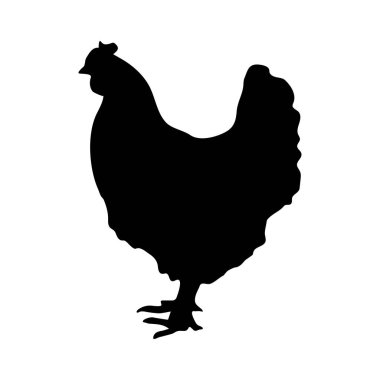 Horoz ya da kümes hayvanı, yan görüş. Logotype, ikon, baskı, kasap dükkanı, horoz, tavuk, basit siluet posteri. Şablon kümes hayvanları, tavuk. Siyah özet çizimi.