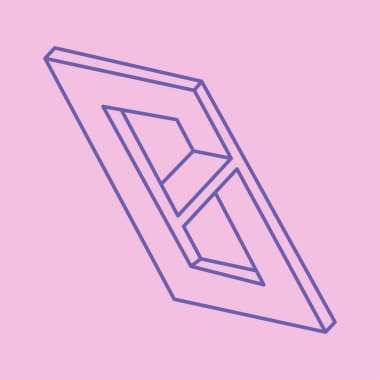 Optik illüzyon logosu. İmkansız şekiller. Kutsal geometri figürleri. Soyut sonsuz geometrik nesneler. İmkansız sonsuz ana hatları. Optik sanat. Pembe arka planda imkansız geometri şekli.