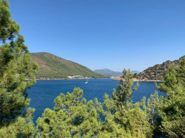 Deniz, dağlar ve çam ağaçları, güzel manzara. Marmaris, Türkiye.