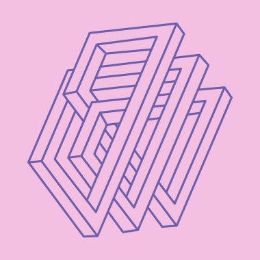 İmkansız bir şekil. Kutsal geometri. Çizgi çalışması. Optik illüzyon logosu. Soyut sonsuz geometrik nesne. Optik sanat. Pembe arka planda imkansız geometri sembolü. 