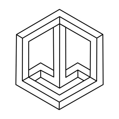 Geometrik altıgen. Soyut tasarım öğesi. Bilim ya da inşaat konsepti. Siyah dış hat 3D vektör nesnesi. Optik illüzyon figürü. İmkansız şekil.