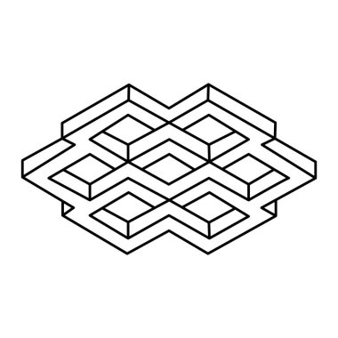 Soyut geometrik nesne. Kutsal geometri figürü. Çizgi çizimi logosu. Optik illüzyon şekli. İmkansız bir nesne. Vektör illüstrasyonu, klip sanatı.