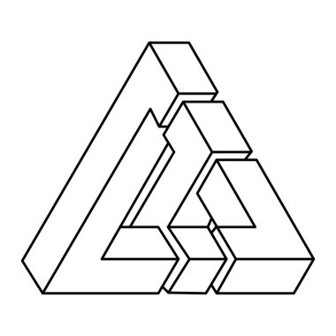 Optik illüzyon şekilleri, üçgen, geometrik element, vektör illüstrasyonu. İmkansız bir nesne. Kutsal geometri figürü. Satır sanatı.