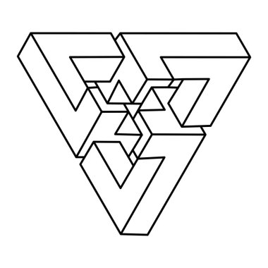 İmkansız şekiller. Çizgi tasarımı. Beyaz bir arka planda izole edilmiş. Vektör çizimi. Optik yanılsama objeleri. Optik sanat. Kutsal geometri üçgeni.