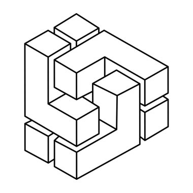 Beyaz arka planda imkansız geometri sembolü. Optik illüzyon şekli. Kutsal geometri figürü. İşlem sanatı nesnesi.