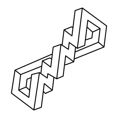 İmkansız bir şekil. Kutsal geometri. Optik illüzyon şekli. Soyut sonsuz geometrik nesne. İmkansız sonsuz dış hat şekli. Op sanat figürü. Beyaz arka planda imkansız geometri şekli. Satır sanatı