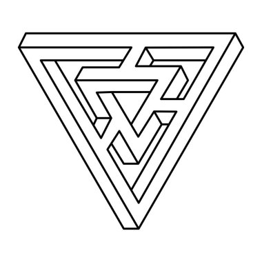 İmkansız şekiller. Optik illüzyon objesi. Vektör illüstrasyonu beyaza izole edildi. Kutsal geometri figürü. Beyaz arka planda siyah çizgiler. Gerçek dışı üçgenler. İşlem sanatı.