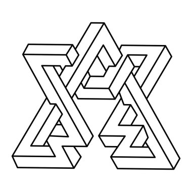 Mantıksız nesne. Escher 'den esinlenilmiş imkansız geometrik figür. Isometric şekli. Vektör çizgisi. Grafik tasarımı. Kutsal geometri figürü. Optik illüzyon objesi. Operasyon sanatı. Satır sanatı.
