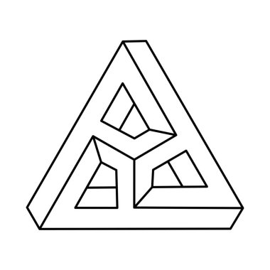 İmkansız şekiller. Optik illüzyon figürü. Soyut sonsuz geometrik nesne. İmkansız sonsuz ana hat üçgeni. Beyaz arka planda imkansız geometri sembolü. Optik sanat. Escher tarzı.