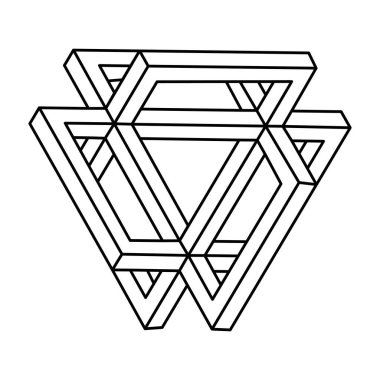 İmkansız şekiller. Kutsal geometri. Optik yanılsama. Soyut sonsuz geometrik nesne. İmkansız sonsuz taslak figürü. Operasyon sanatı. Beyaz arka planda imkansız geometri sembolü. Satır sanatı.