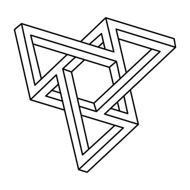 İmkansız şekiller. Kutsal geometri figürleri. Optik illüzyon objesi. Soyut sonsuz geometrik nesne. İmkansız sonsuz dış hat şekli. Operasyon sanatı. Beyaz arkaplanda imkansız geometri figürü.