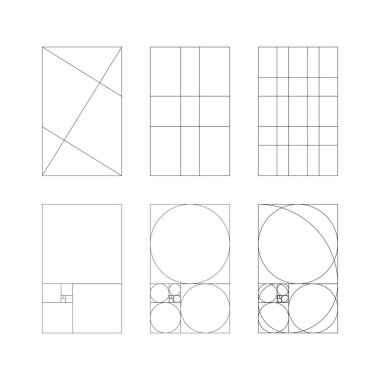 Altın oran şablonları. Uyum oranları. Yöntem altın bölüm. Altın oran. Fibonacci dizisi, sayılar. Çizgi grafik illüstrasyonu.